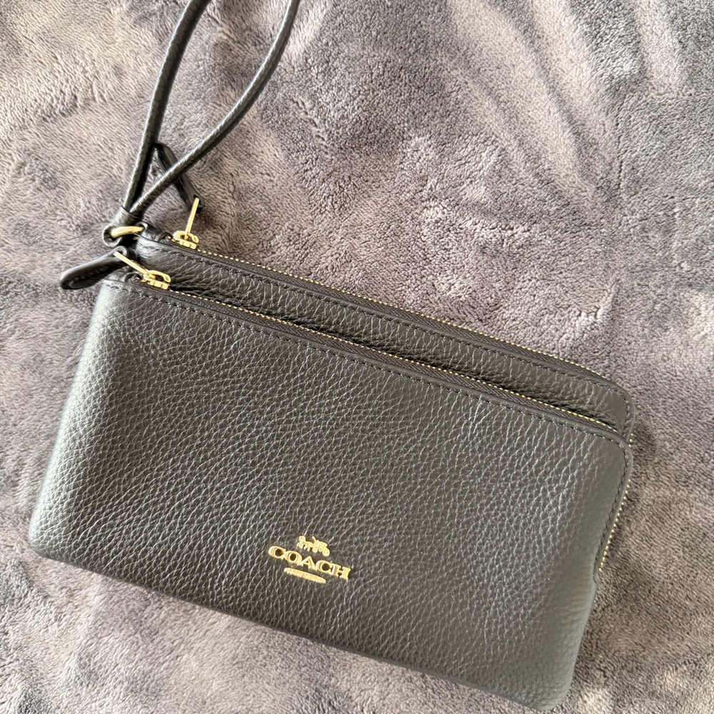 Coach Black Leather Double Zip Wristlet with Gold Hardware